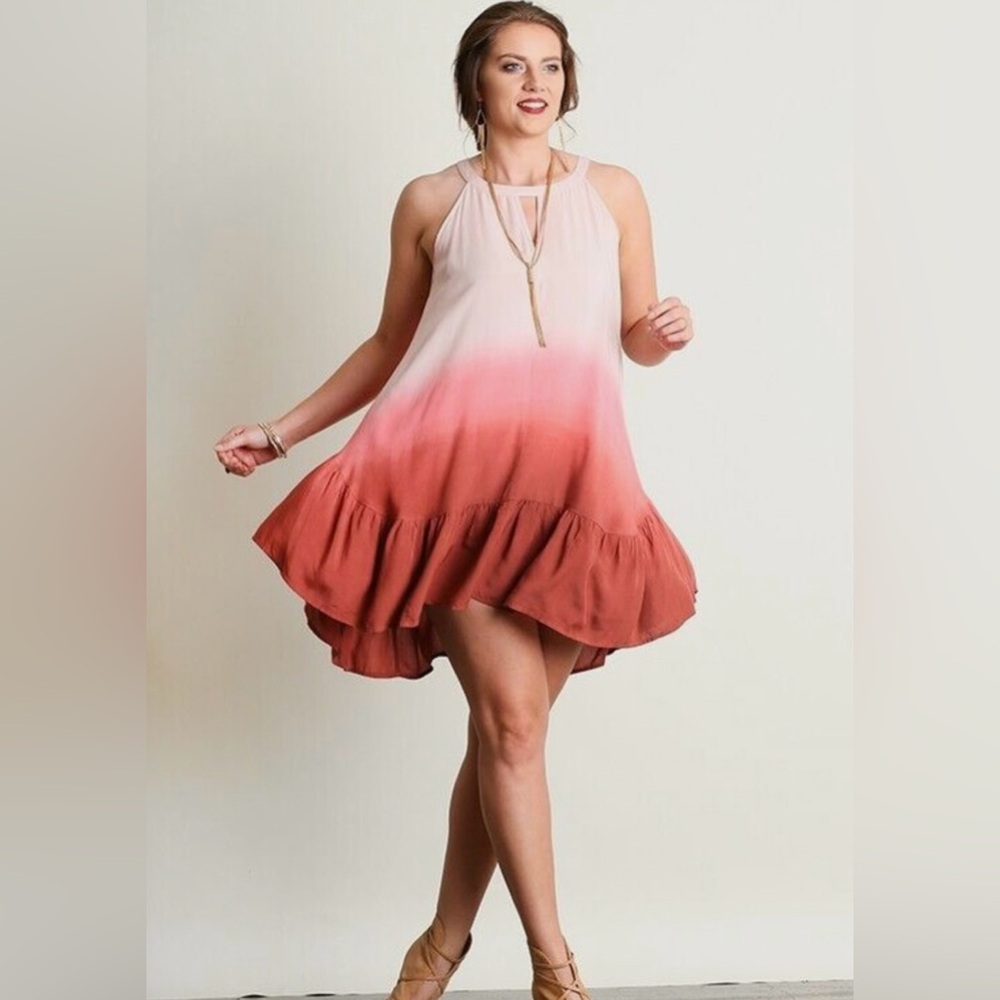 Umgee Boho Berry Ombre Halter Ruffle Dress Size S